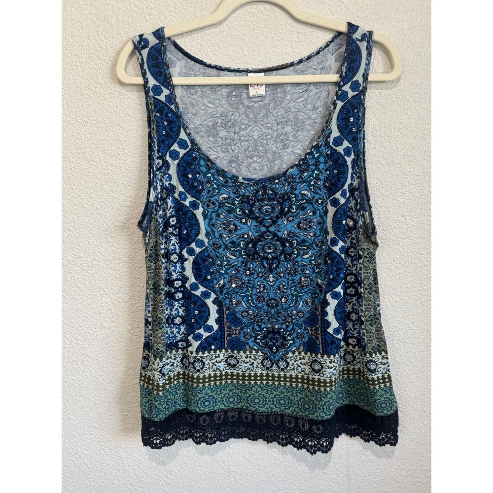 Billa Womens 100% Rayon Tank Top L Blue‎ Sequin Lace Trim Paisley Festival